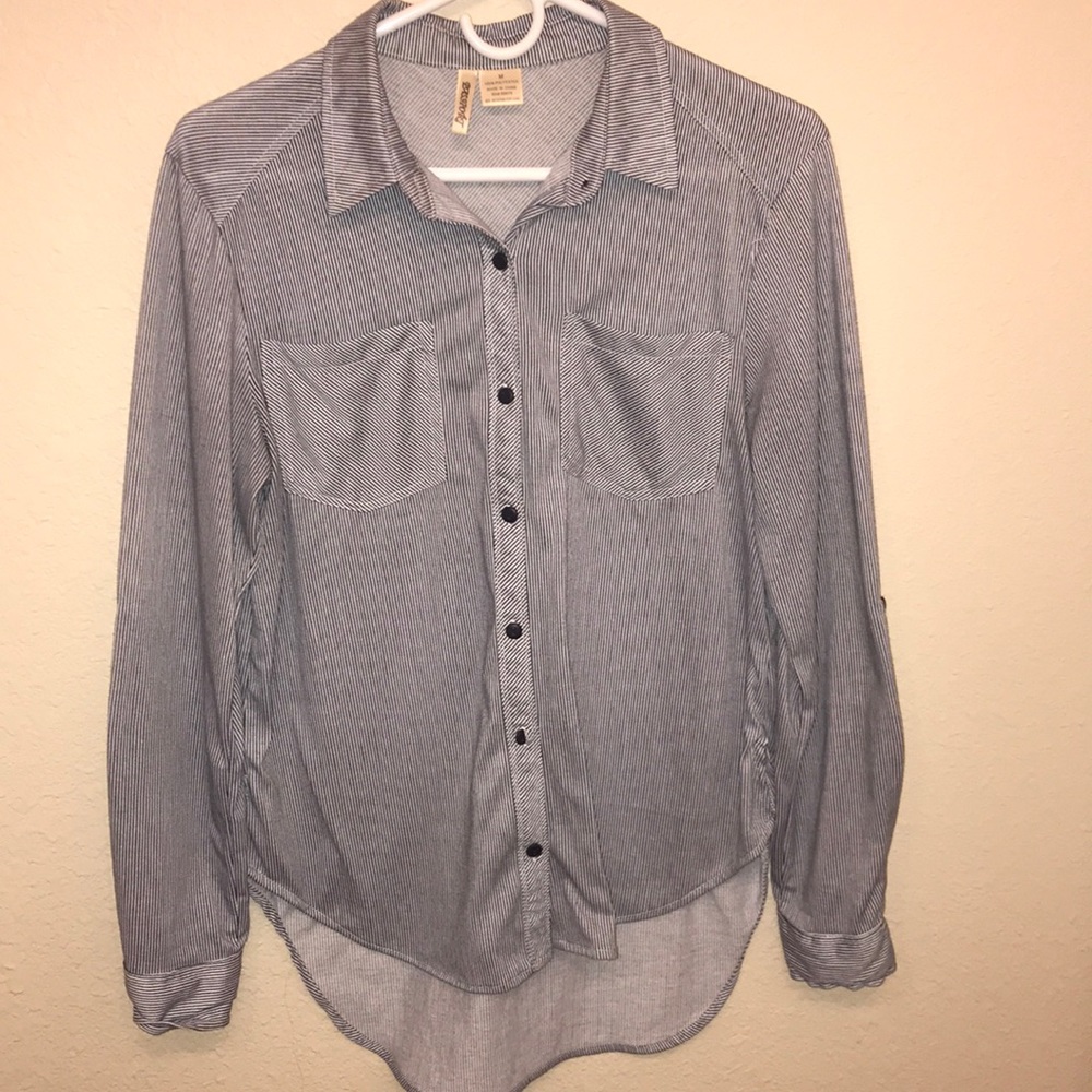 Dark blue and white striped button up